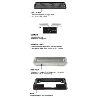 Salton HG1764 Smokeless Health Grill: 1600W, dishwasher safe non-stick plate (39 cm x 23 cm), black - Inhomebuy