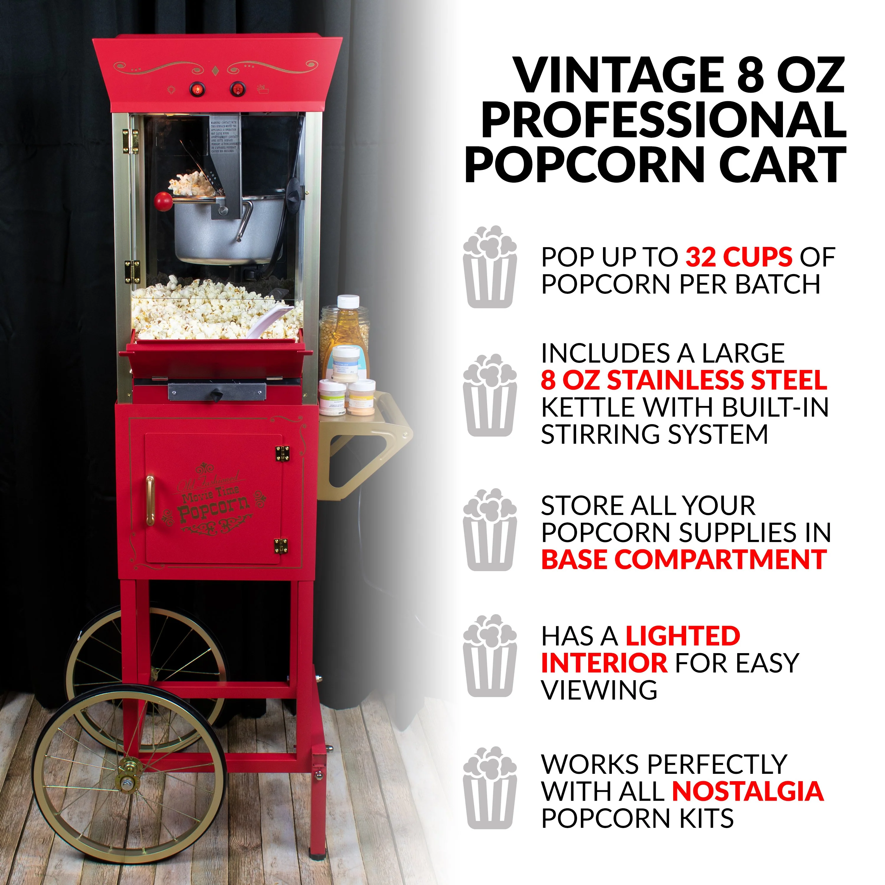 Vintage Professional Popcorn Cart - NEW 8-Ounce Kettle - 53 Inches Tall - Inhomebuy