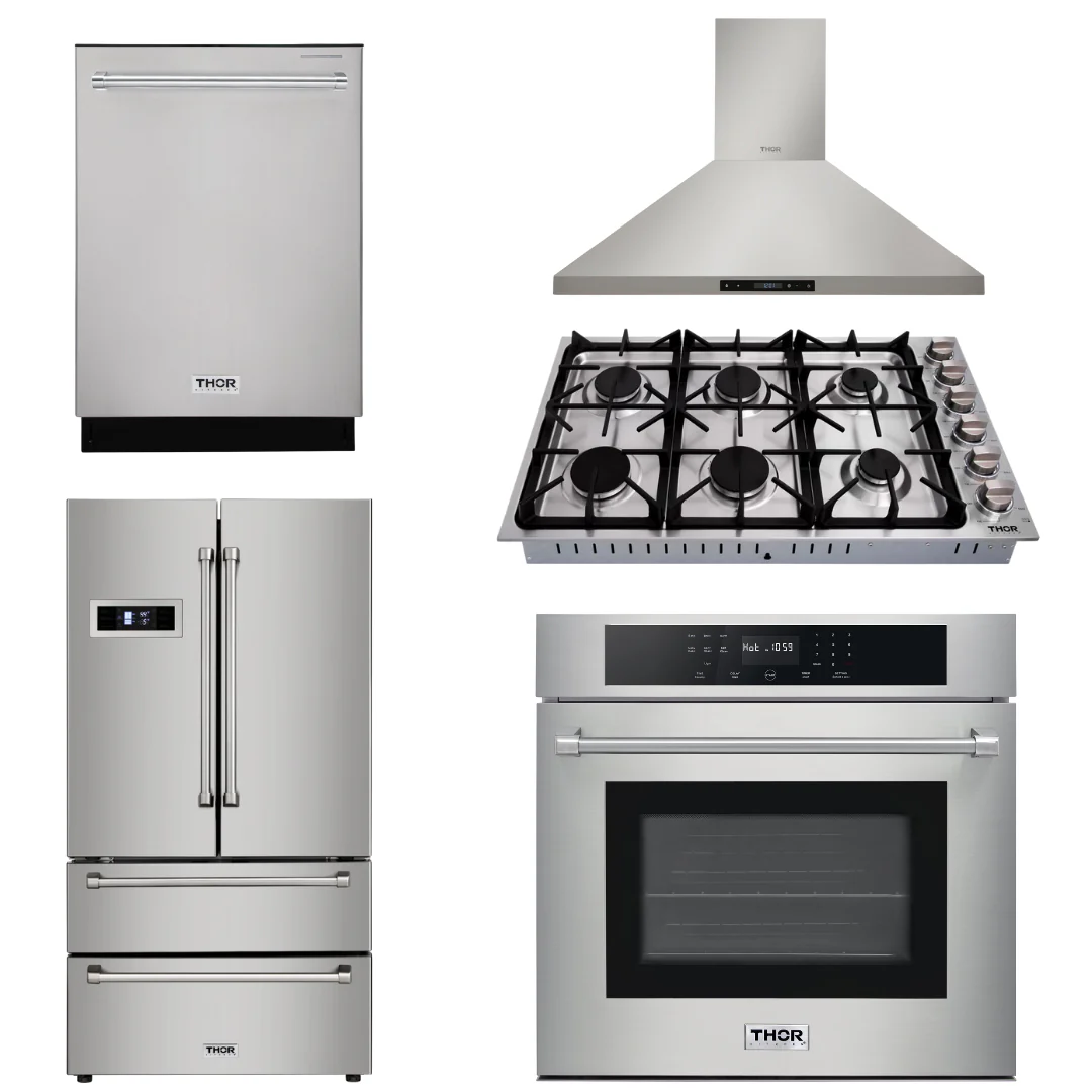 Thor Kitchen Appliance Bundle - 30 in. Wall Oven, 36 In. Cooktop, Range Hood, Refrigerator, Dishwasher, AB-HEW3001-DC-36-2 - Inhomebuy