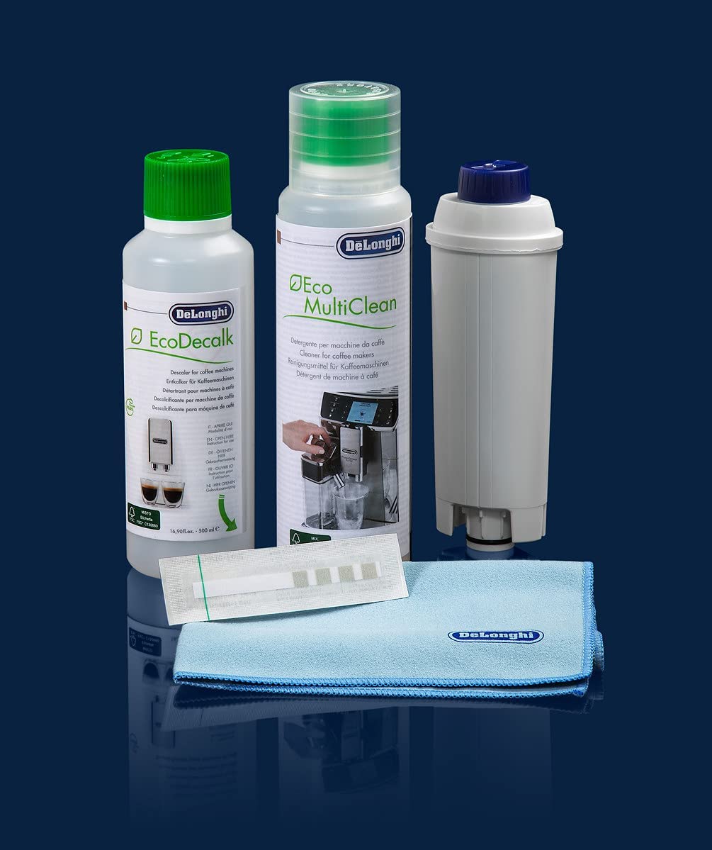 DeLonghi: DLSC306 Coffee Care Kit: includes 1 Water Filter, 1 EcoDecalk 200ml (2 doses), 1 Multiclean 250ml, Microfiber Cleaning Cloth & 1 Water Hardness Testing Kit - Inhomebuy