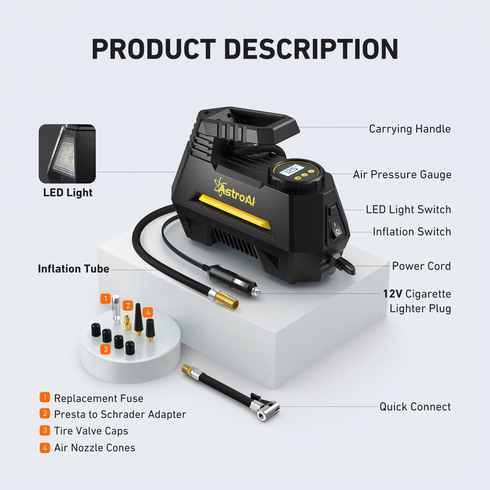 Car Tire Inflator 100 PSI, Electric Tire Compressor, Inflatables Air Car Pump, Yellow - Inhomebuy