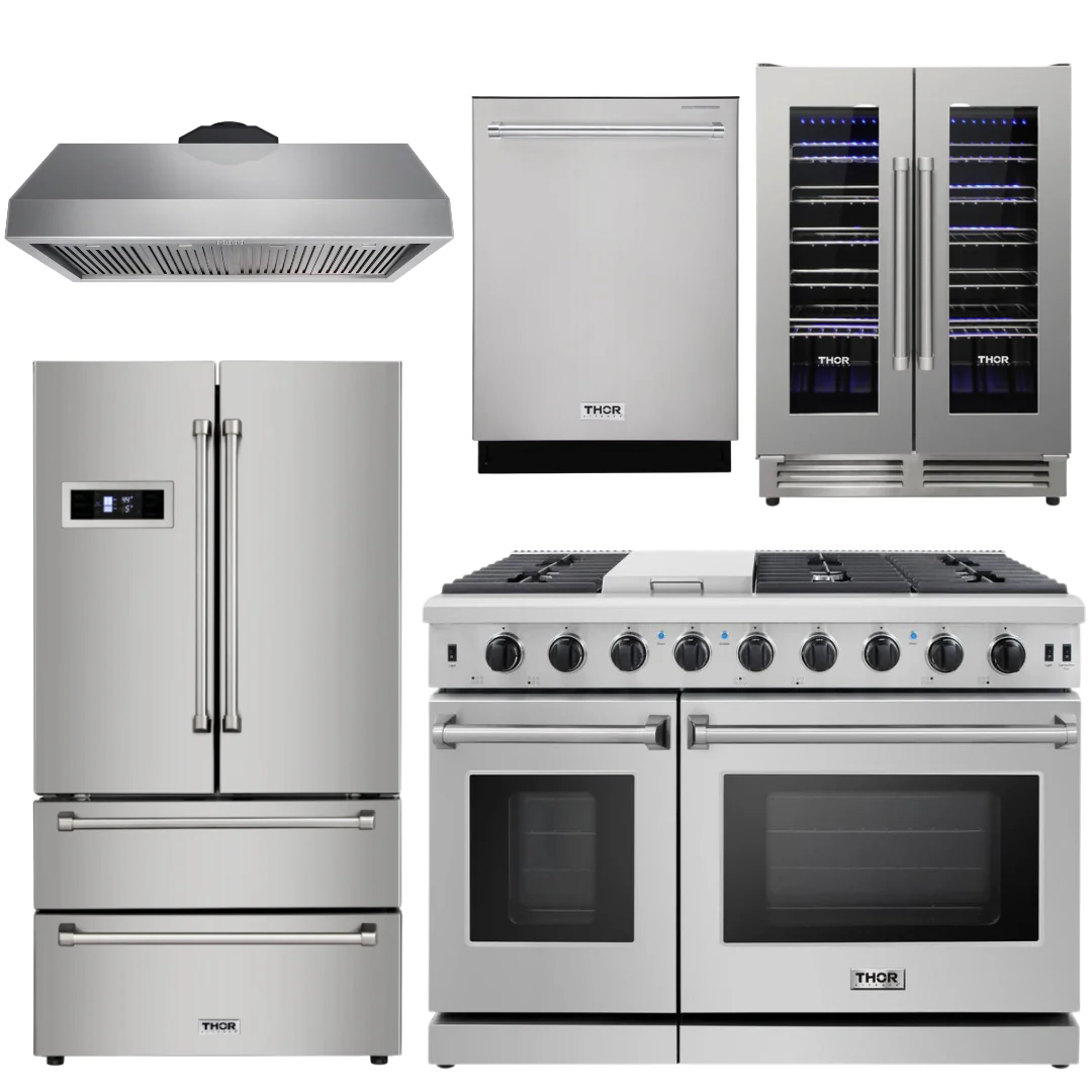 Thor Kitchen Appliance Bundle - 48 in. Gas Range, Range Hood, Refrigerator, Dishwasher, Wine Cooler, AB-LRG4807U-4 - Inhomebuy
