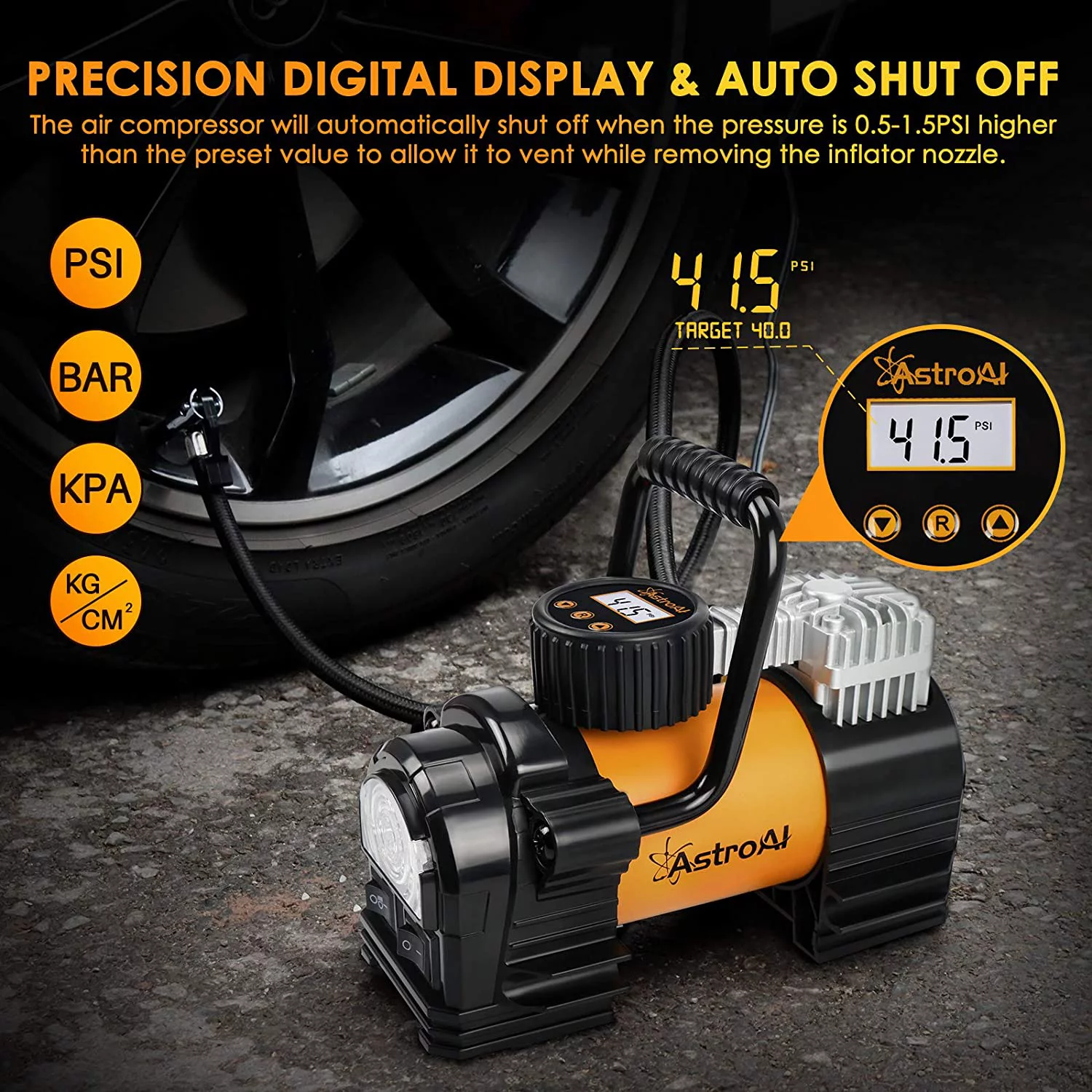 AstroAI Tire Inflator Portable Air Pump for Car Tires, Digital Air Compressor 150PSI, Yellow - Inhomebuy