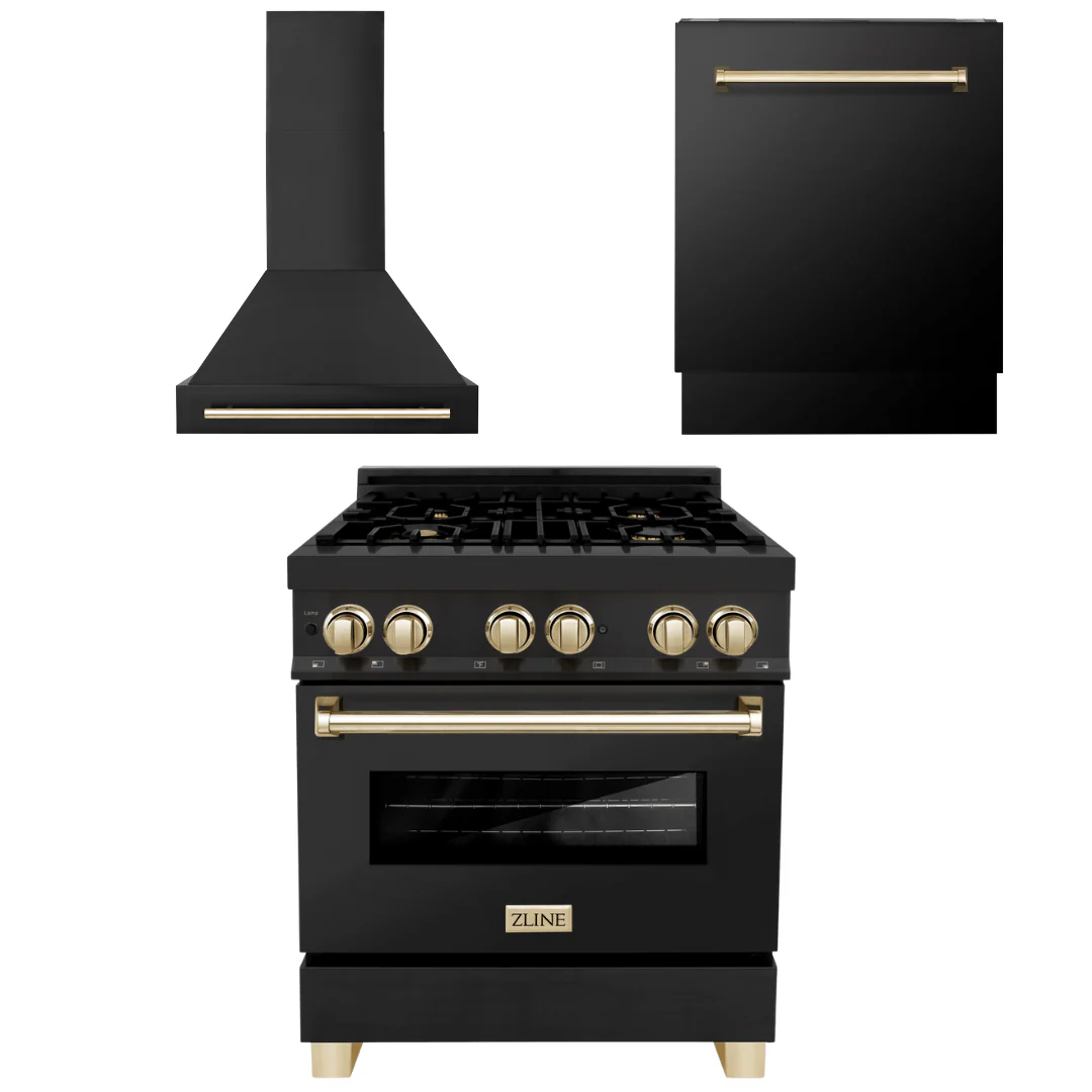 ZLINE Autograph Package - 30 In. Dual Fuel Range, Range Hood, and Dishwasher in Black Stainless Steel with Gold Accents, 3AKP-RABRHDWV30-G - Inhomebuy