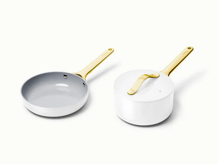 Caraway Mini Duo Cookware Set in White with Gold Handles - Inhomebuy
