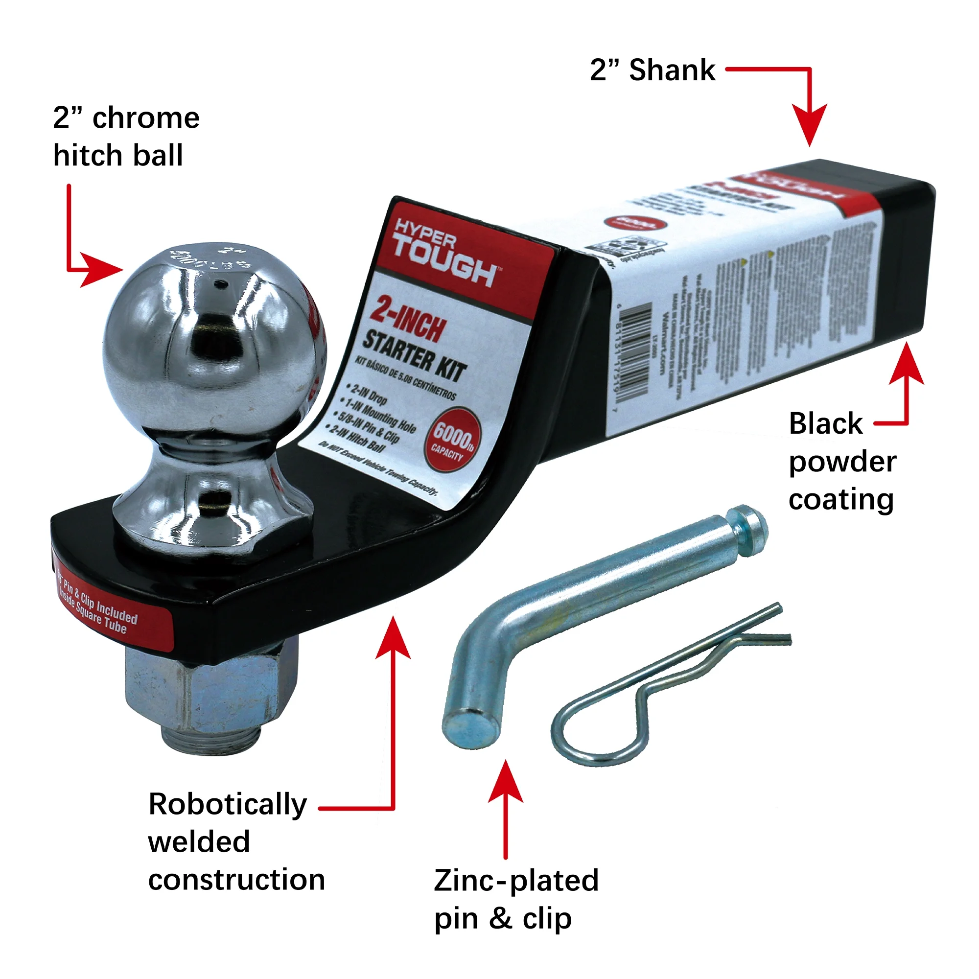 Hyper Tough 2 inch Drop Trailer Hitch Starter Kit with 5/8 inch Pin, Class III, Black, 2 inch Ball - Inhomebuy