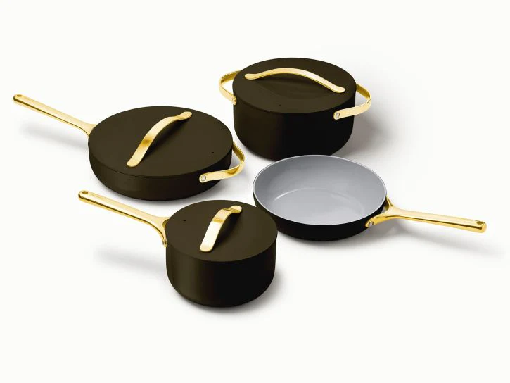 Caraway Non-Toxic and Non-Stick Cookware Set in Black with Gold Handles - Inhomebuy