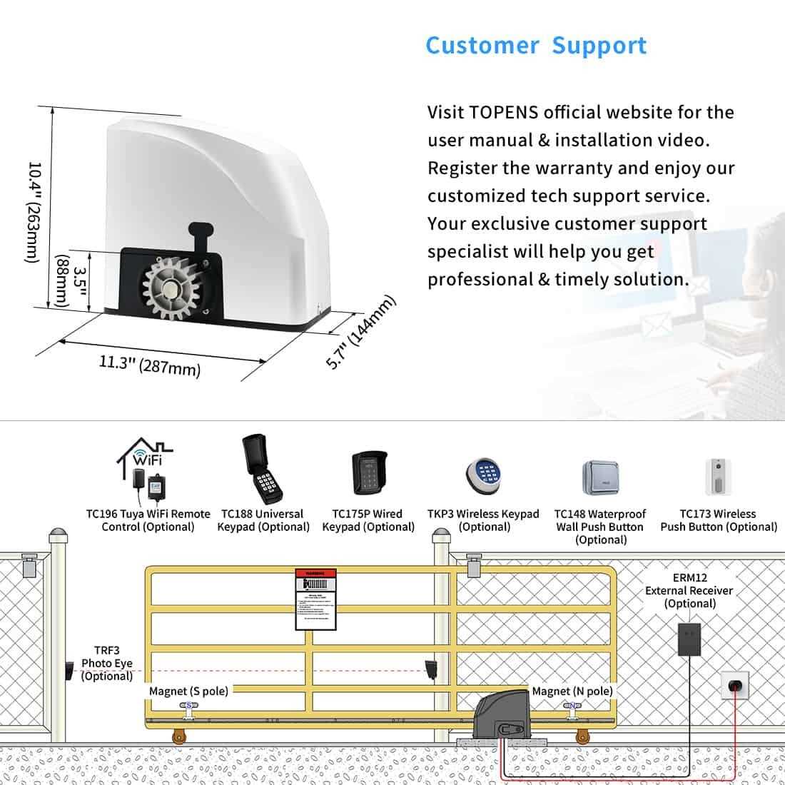 TOPENS A5 Automatic Gate Opener for Medium Duty Single Swing Gates Up to 16ft - Inhomebuy