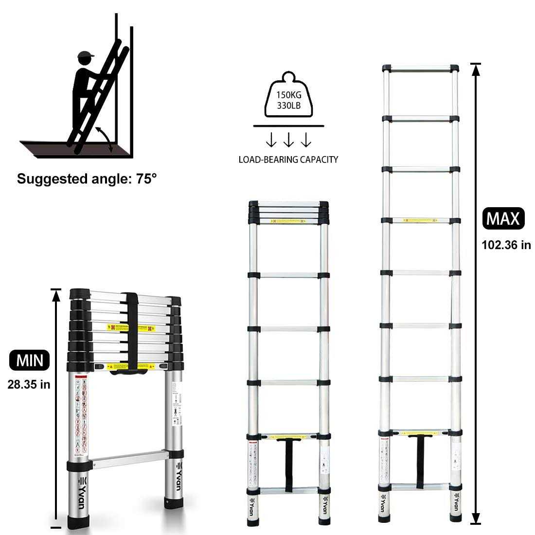 Yvan Telescoping Ladder,12.5 FT One Button Retraction Aluminum Telescopic Extension Extendable Ladder,Slow Down Design Multi-Purpose Step Ladder - Inhomebuy