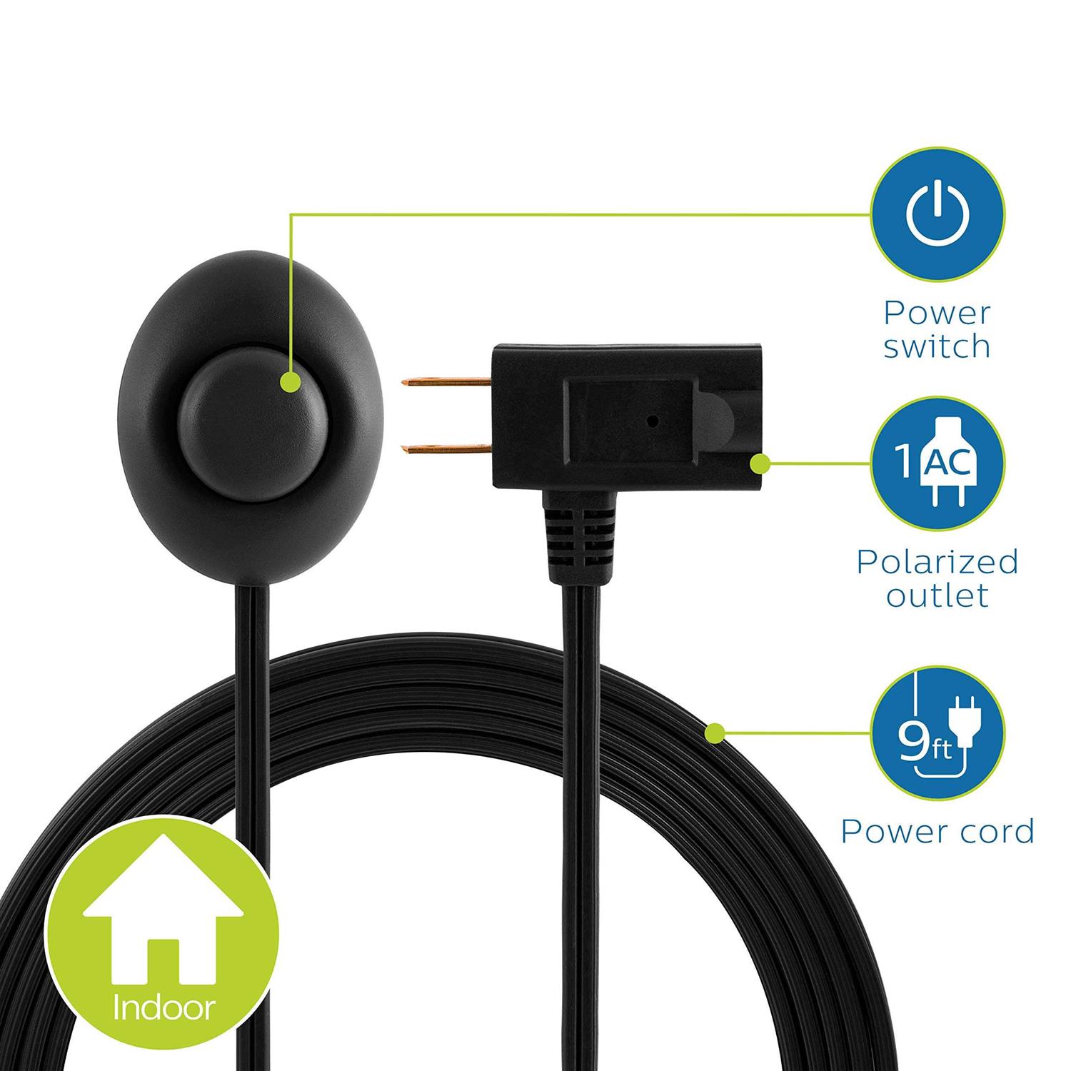Philips Accessories Grounded Plug with Braided Cord, 6 Ft Long Power Cable, ON/Off Switch, for Tabletop or Wall Mount - Inhomebuy