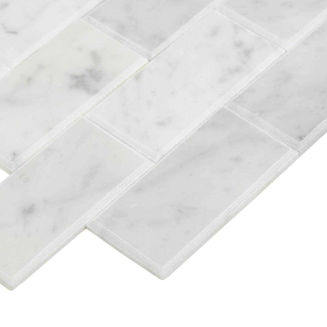 Daltile Xpress Mosaix Peel ‘N Stick White Beveled 14 in. x 12 in. Marble Brick Joint Mosaic Tile - Inhomebuy