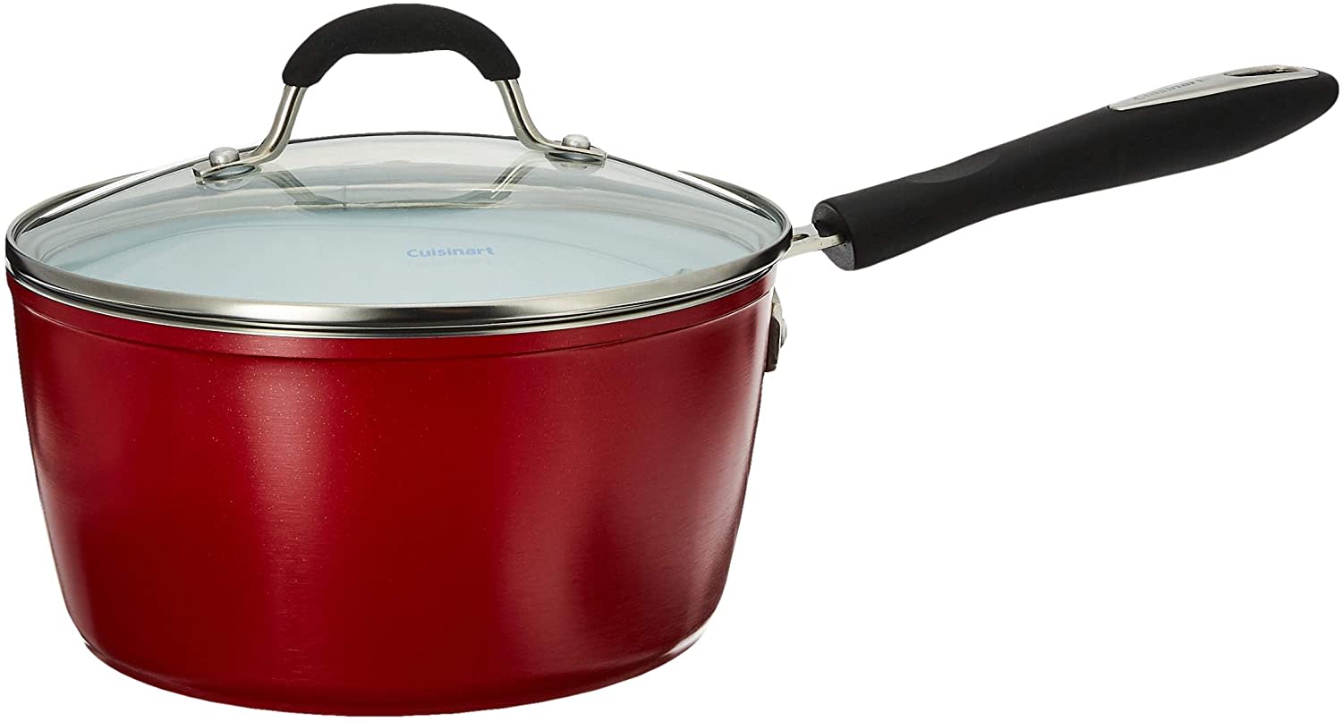 Cuisinart Elements Sauce Pan with Glass Lid: 3-quart, white ceramic non-stick, red | 59193-20R - Inhomebuy