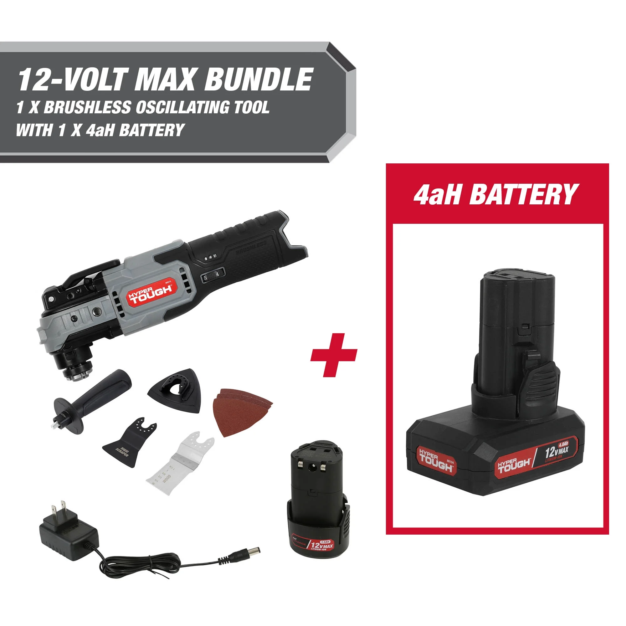 Hyper Tough 12-Volt Cordless Brushless Oscillating Tool Plus 4 Ah Battery, - Inhomebuy