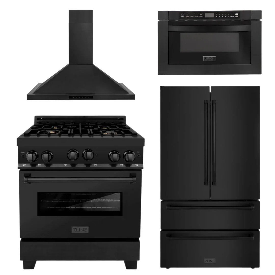 ZLINE Appliance Package - 30 in. Dual Fuel Range, Range Hood, Microwave Drawer, Refrigerator in Black Stainless, 4KPR-RABRH30-MW - Inhomebuy