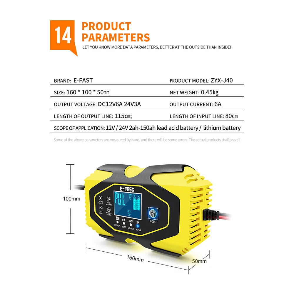 Paddsun Car Battery Charger Smart Automatic 12V/24V Lead-acid AGM GEL& Lithium LiFePO4 - Inhomebuy