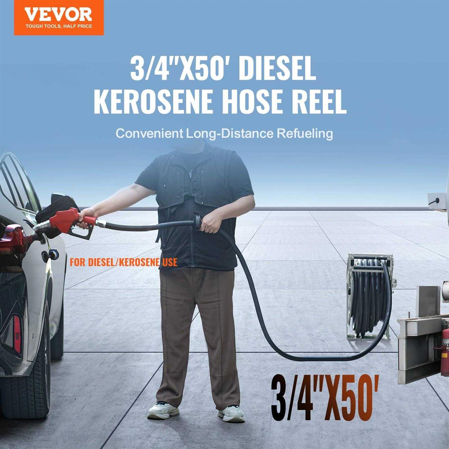 VEVOR Fuel Hose Reel 1 x 50′ Extra Long Retractable Diesel Hose Reel Heavy-Duty Carbon Steel Construction with Automatic Fuel Nozzle Nbr Rubber - Inhomebuy