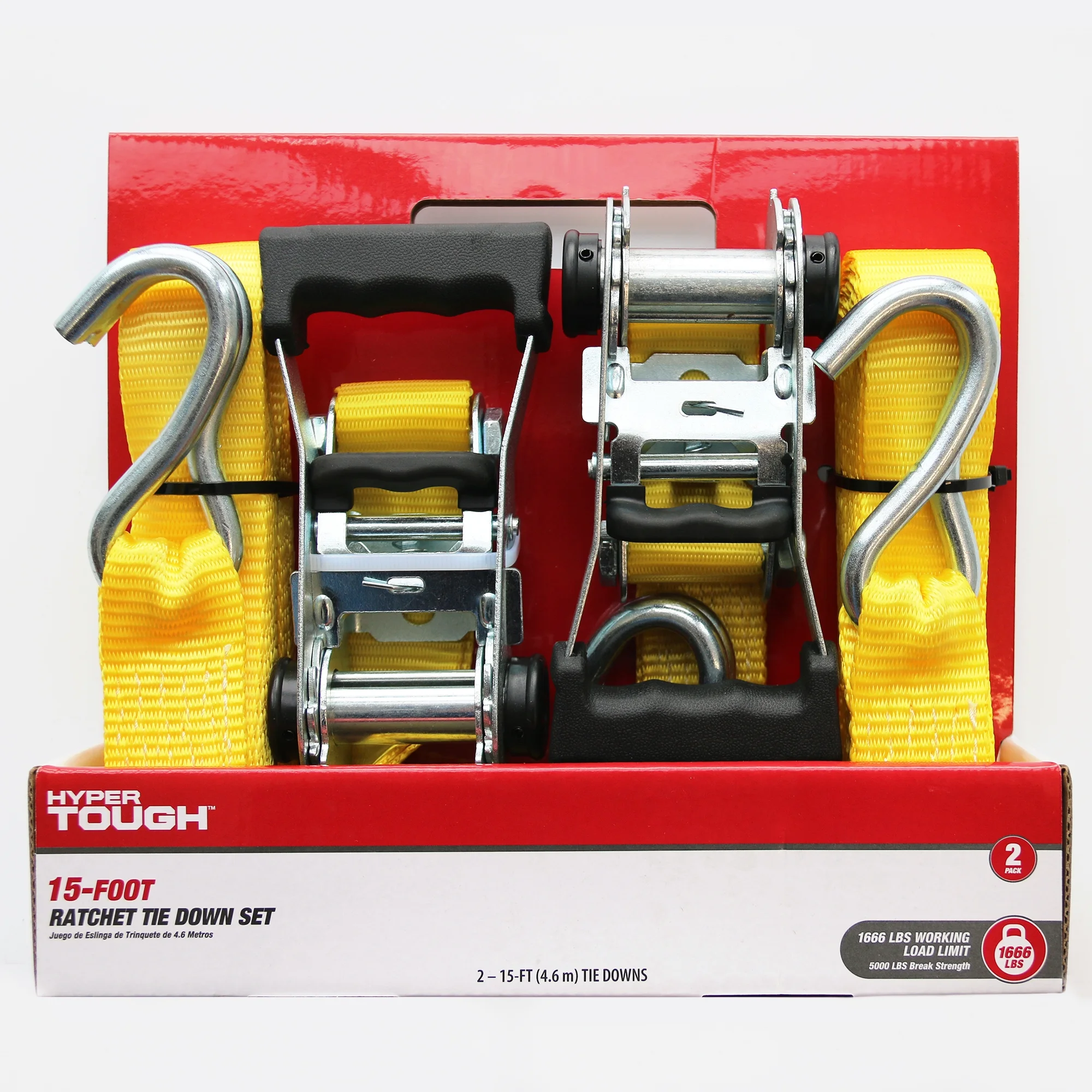 Hyper Tough 2 Pack, 15 feet Steel Ratchet Tie Downs, 1666 lbs, Yellow, 44.4 oz - Inhomebuy