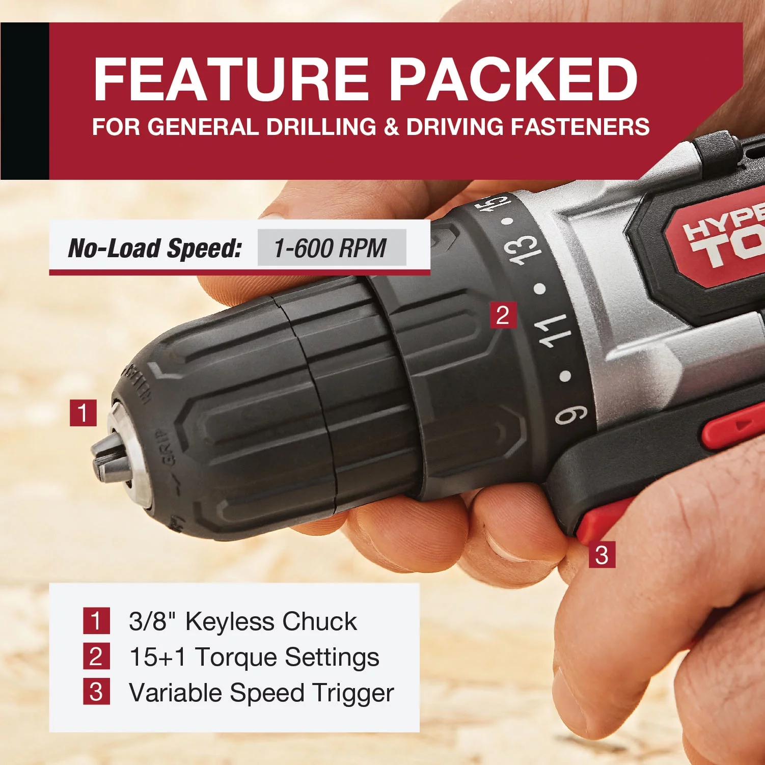 Hyper Tough 20V Max Lithium-Ion 3/8 inch Cordless Drill, 70-Piece Home Tool Set, 1.5Ah Lithium-Ion Battery & Charger, Bit Holder, & Storage Bag - Inhomebuy