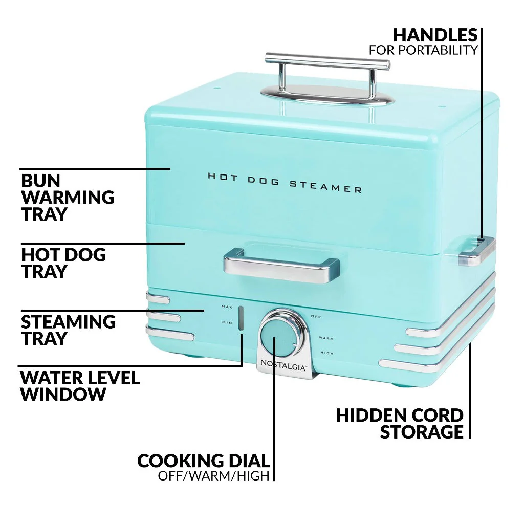 Large Diner Style Hot Dog Steamer, 20 Hot Dogs, 6 Buns, Aqua - Inhomebuy