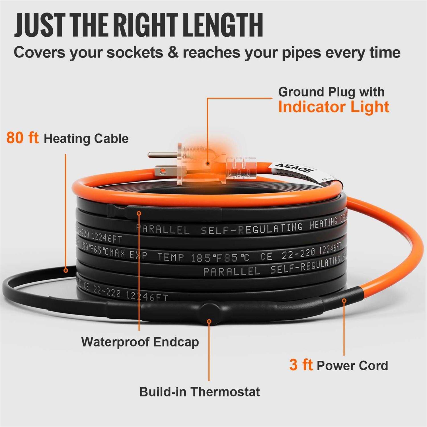 VEVOR Self-Regulating Pipe Heating Cable 5W/ft Heat Tape for Pipes Freeze Protection, Protects PVC Hose, Metal and Plastic Pipe from - Inhomebuy