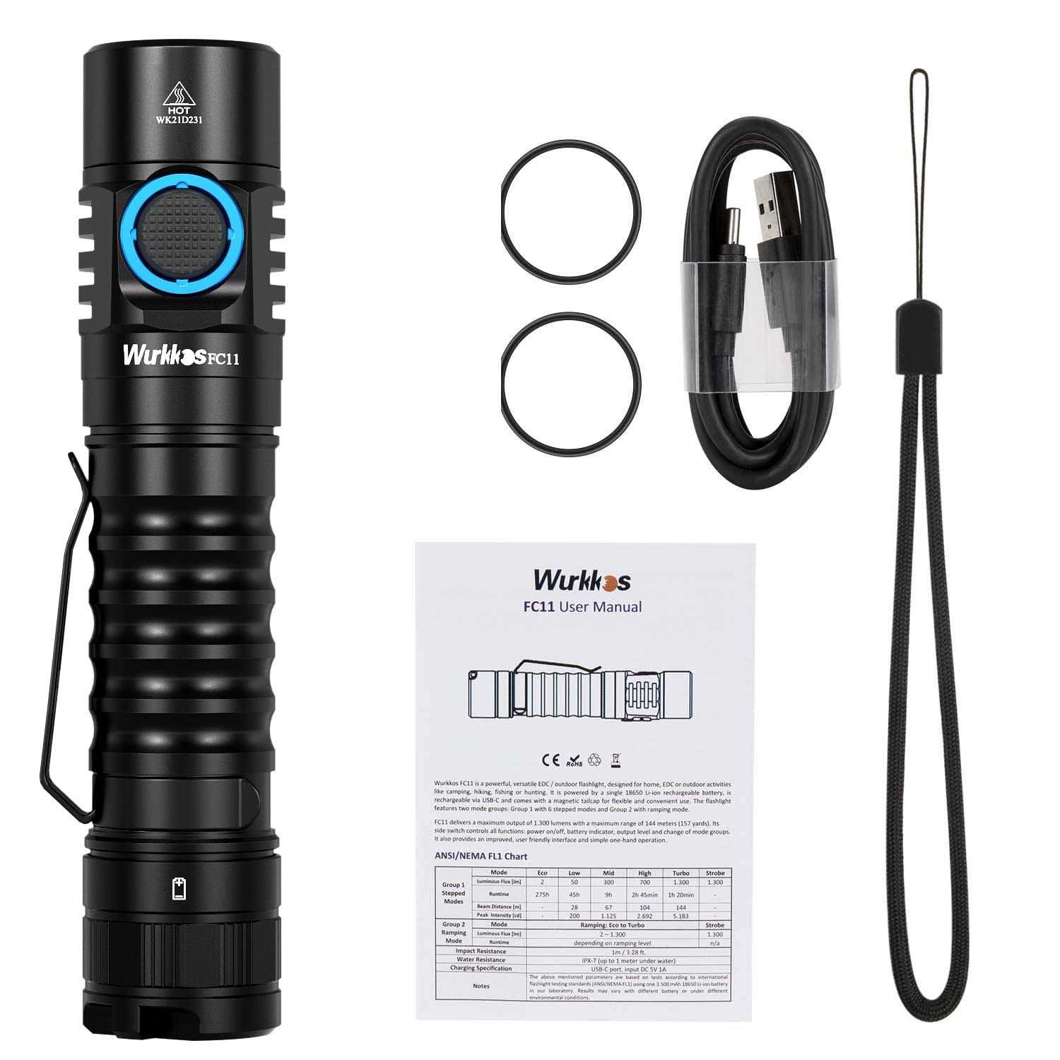 Wurkkos FC11 Rechargeable LED Flashlights Max 1300Lumen High 90CRI EDC USB C Charge,IP67 Waterproof - Inhomebuy