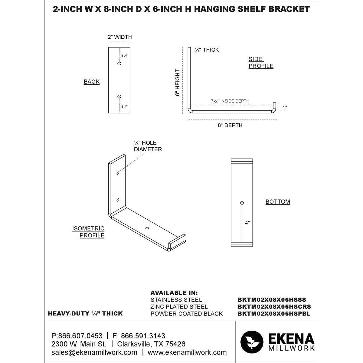 Ekena Millwork 2W x 6D x 5 1/2H Steel Hanging Shelf Bracket - Inhomebuy