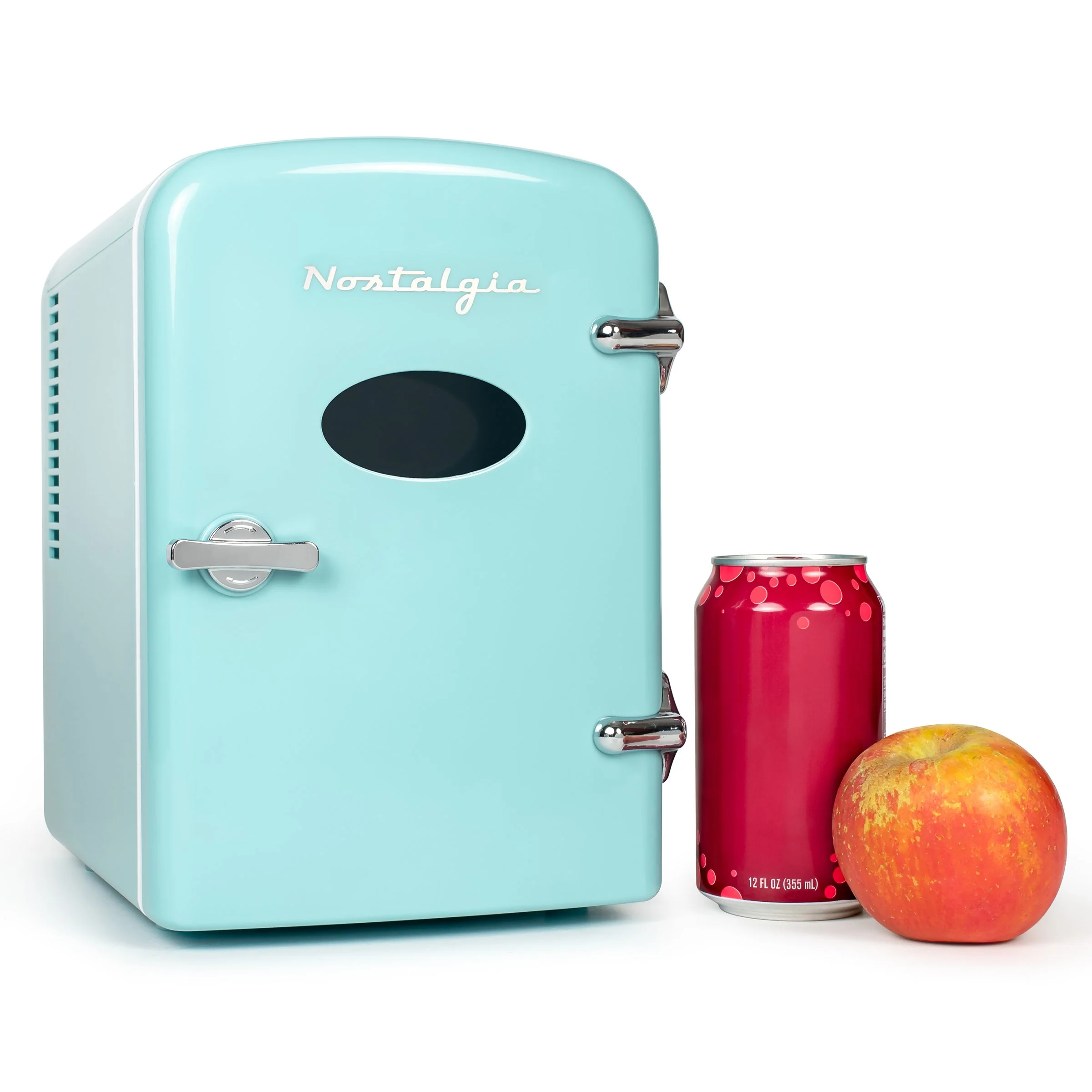Retro 6-Can Personal Cooling and Heating Refrigerator with Display Window & Carry Handle, Aqua - Inhomebuy