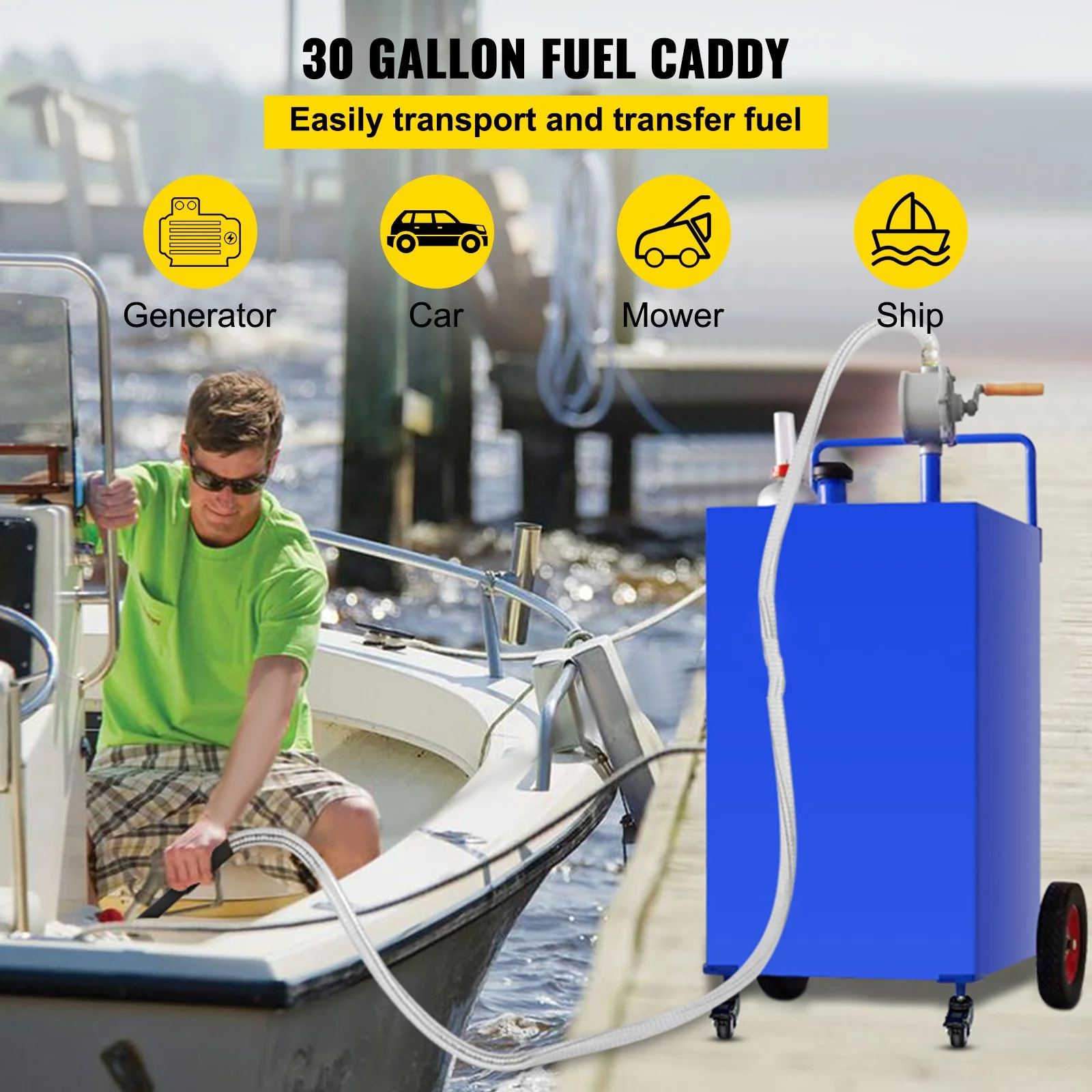 BENTISM Fuel Caddy, 30 Gallon, Gas Storage Tank & 2 Wheels, with Manuel Transfer Pump, Gasoline Diesel Fuel Container for Cars, Lawn Mowers, ATVs, Boats, More, Yellow - Inhomebuy