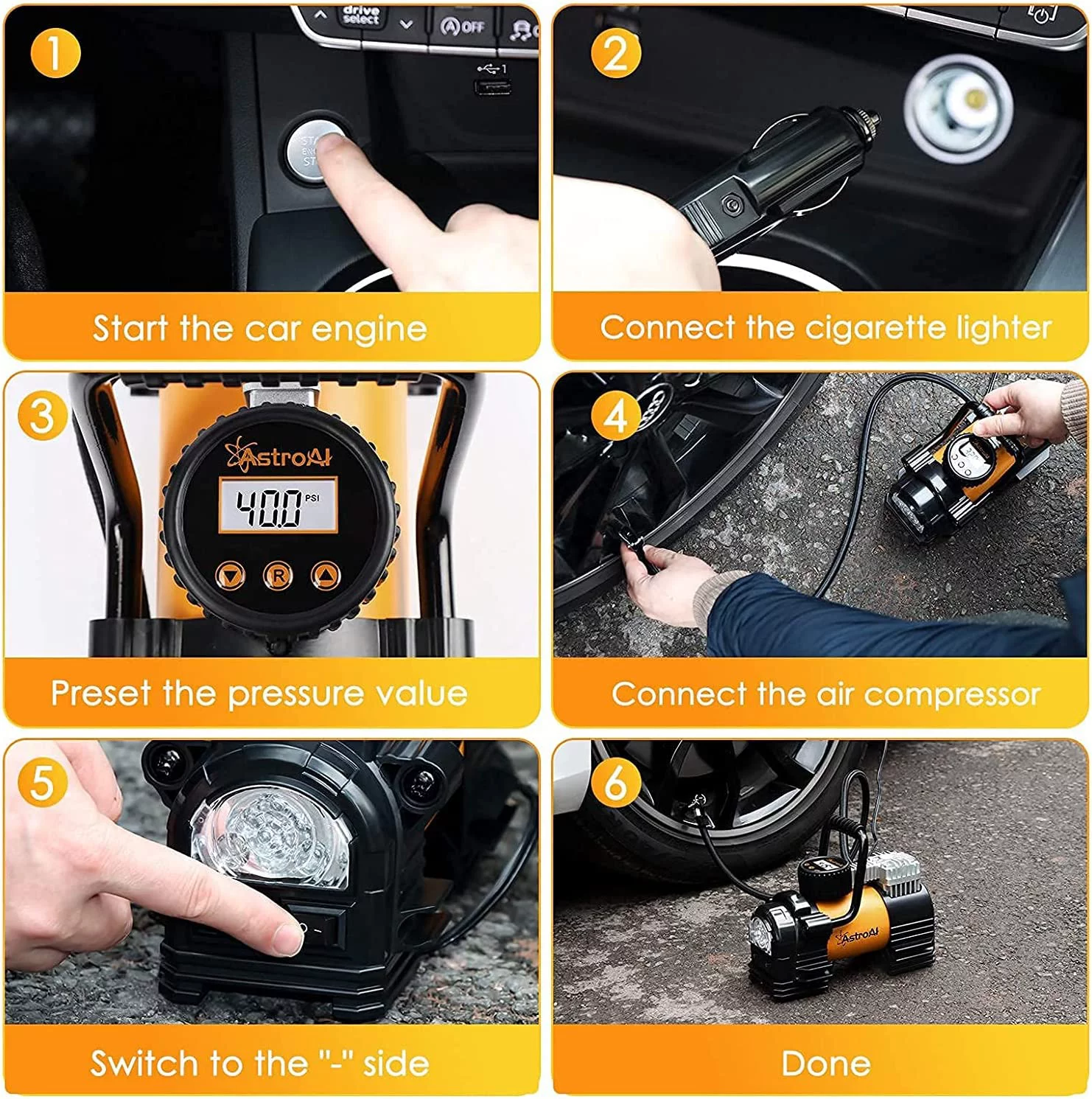 AstroAI Tire Inflator Portable Air Pump for Car Tires, Digital Air Compressor 150PSI, Yellow - Inhomebuy