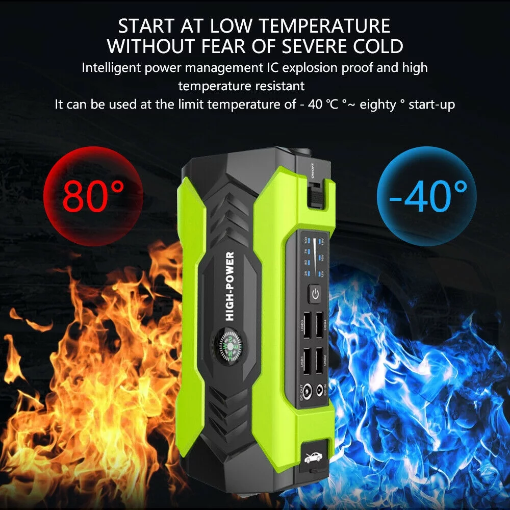 FIEWESEY Portable 12V Car Jump Starter Portable USB Power Bank Battery Booster Clamp 600A (Green) - Inhomebuy