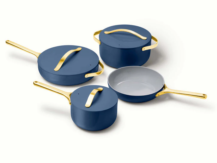 Caraway Non-Toxic and Non-Stick Cookware Set in Sapphire with Gold Handles - Inhomebuy