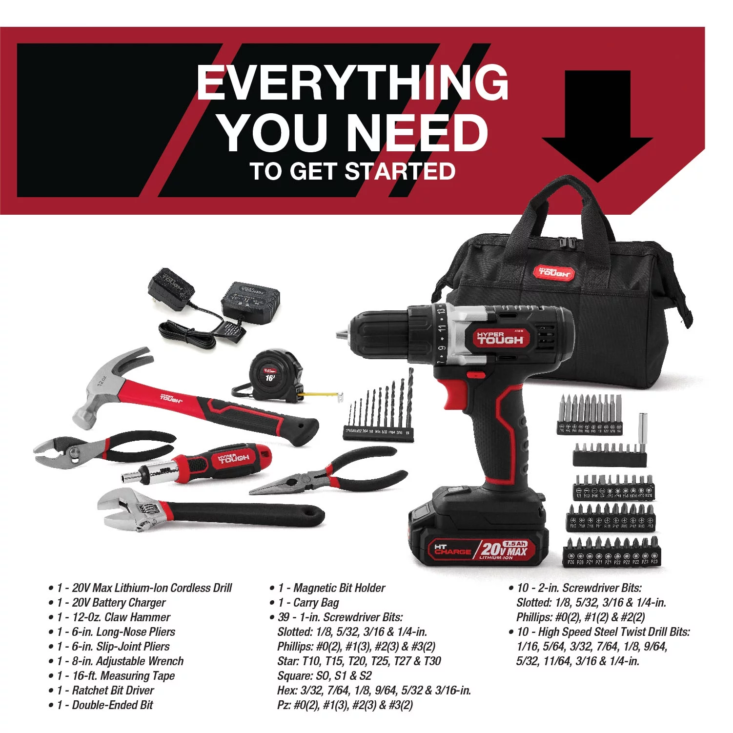 Hyper Tough 20V Max Lithium-Ion 3/8 inch Cordless Drill, 70-Piece Home Tool Set, 1.5Ah Lithium-Ion Battery & Charger, Bit Holder, & Storage Bag - Inhomebuy