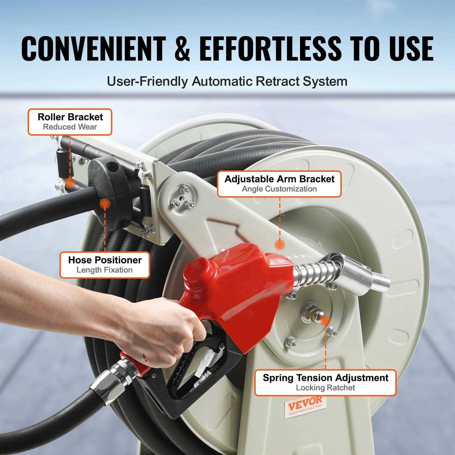 VEVOR Fuel Hose Reel 1 x 50′ Extra Long Retractable Diesel Hose Reel Heavy-Duty Carbon Steel Construction with Automatic Fuel Nozzle Nbr Rubber - Inhomebuy