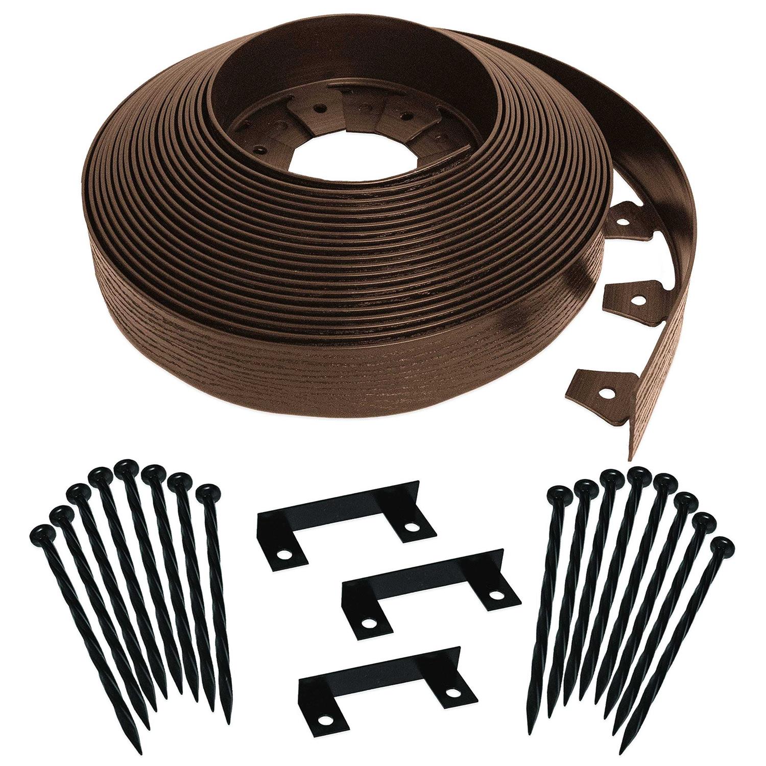 EasyFlex Tall Wall No-Dig Landscape Edging with Anchoring Spikes 2.5 in. Tall Straight Top Plastic Garden Border with Woodgrain Texture - Inhomebuy