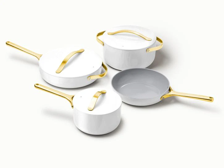 Caraway Non-Toxic and Non-Stick Cookware Set in White with Gold Handles - Inhomebuy
