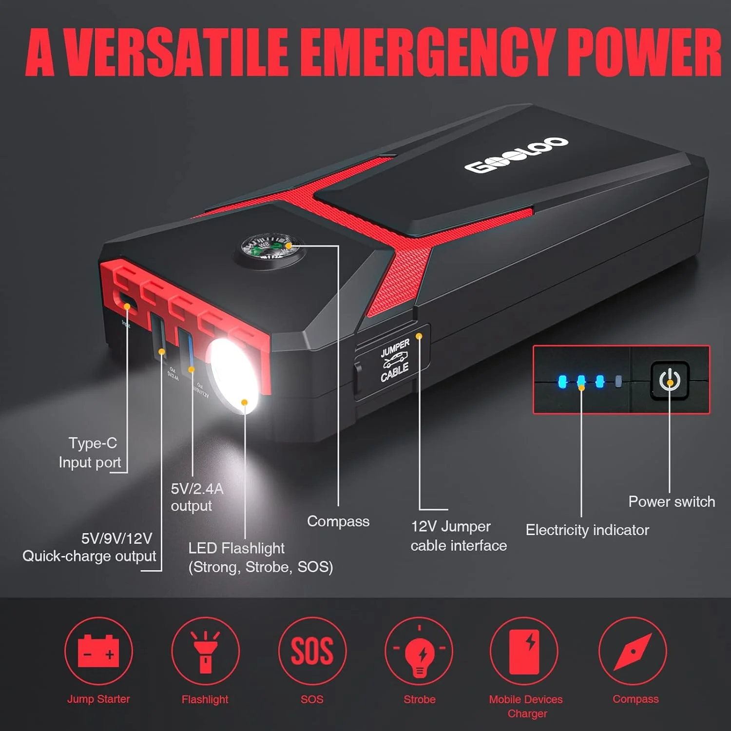 GOOLOO 2000A Car Battery Jump Starter(up to 6.0L Gas and 4.0L Diesel),GE2000 12V Portable Jump Box with Quick Charge in & out - Inhomebuy