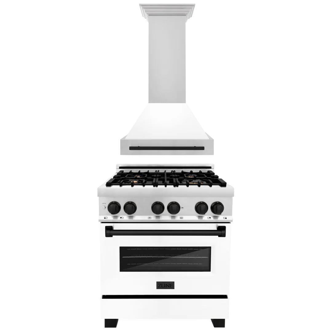 ZLINE Autograph Package - 30 In. Dual Fuel Range and Range Hood in Stainless Steel with White Matte Door and Matte Black Accents, 2AKP-RAWMRH30-MB - Inhomebuy