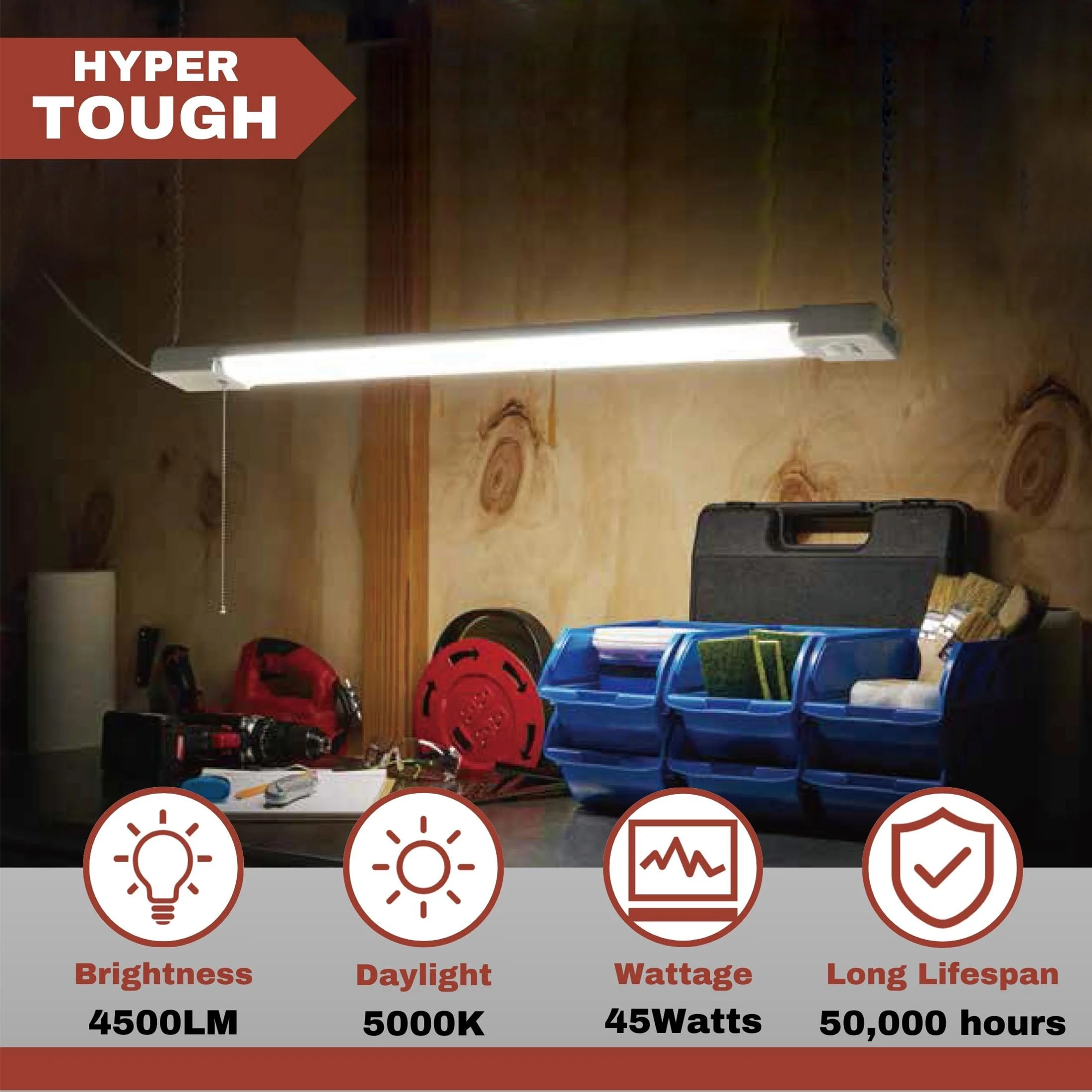 Hyper Tough 3-FT 4500-Lumen Integrated LED Shop Light, Slim Design, Linkable and Motion Sensor, 1PK - Inhomebuy