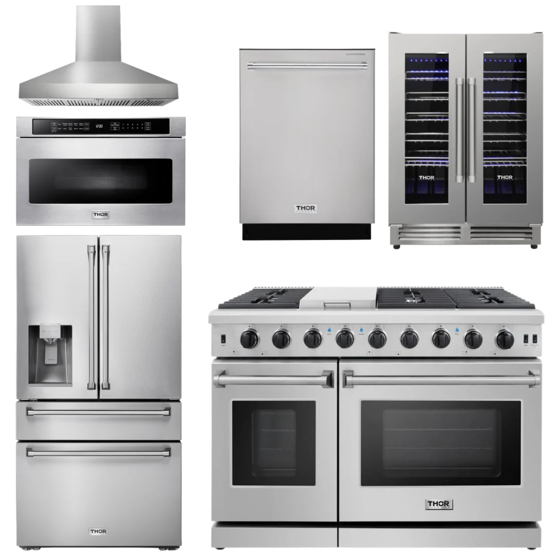 Thor Kitchen Bundle - 48 in. Gas Range, Range Hood, Refrigerator with Water and Ice Dispenser, Dishwasher, Wine Cooler, Microwave, AB-LRG4807U-W-10 - Inhomebuy