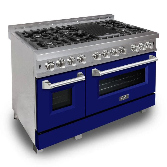 ZLINE 48 in. Professional Gas Burner/Electric Oven DuraSnow® Stainless 6.0 cu.ft. 7 Range with Blue Matte Door, RAS-BM-48 - Inhomebuy