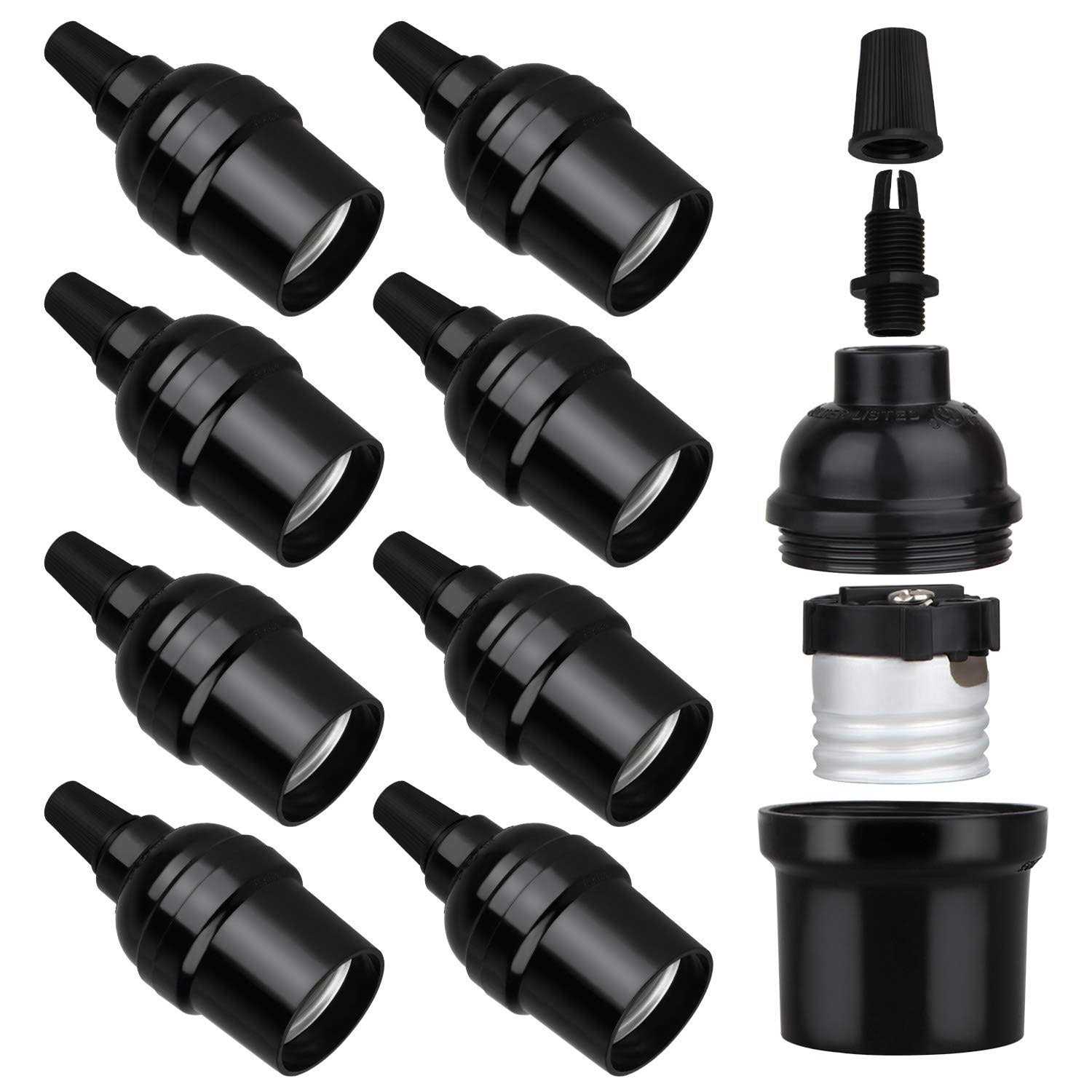 Zevnico 8 Pack E26 E27 Light Sockets Black Medium Screw Base with Shade Ring - Inhomebuy