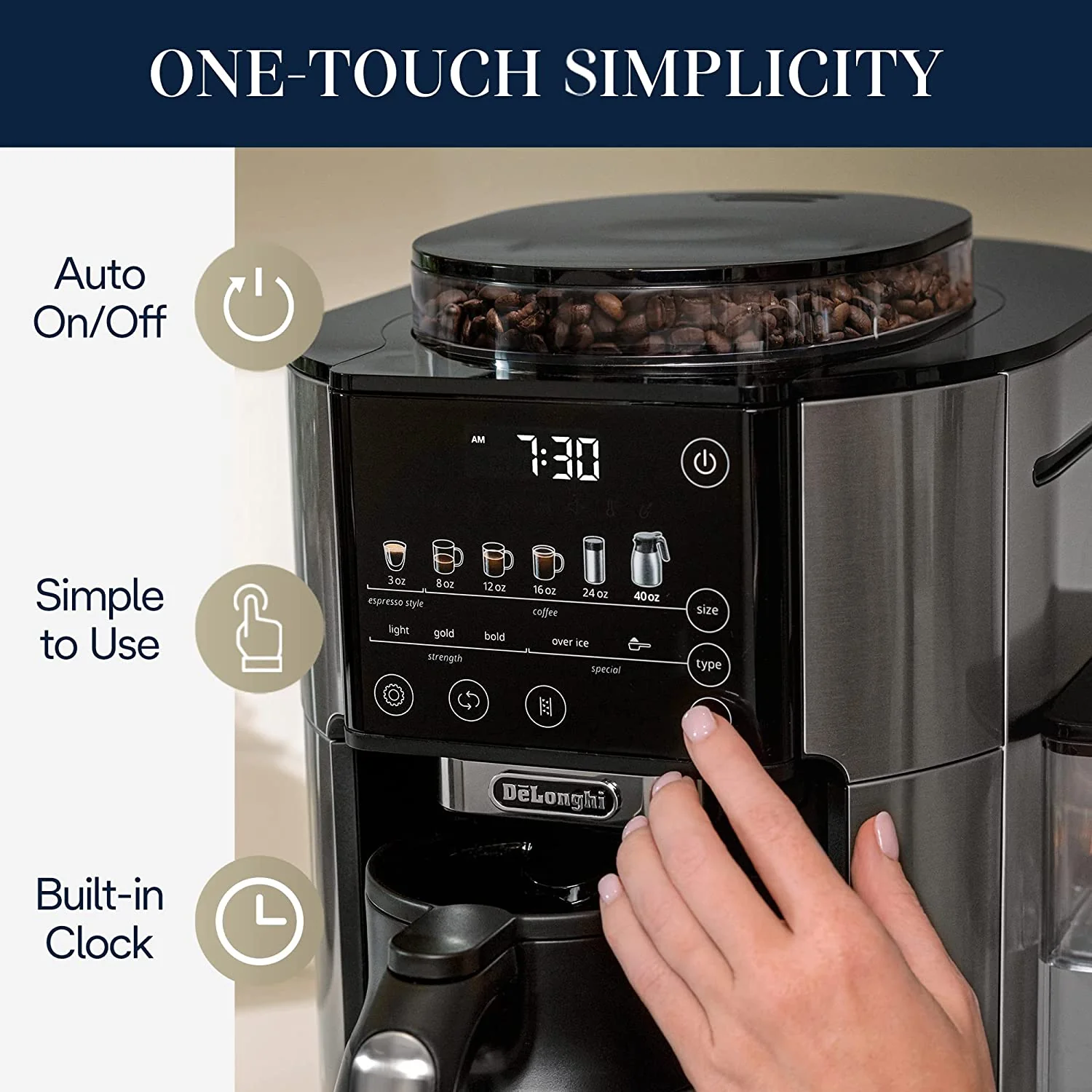 DeLonghi TrueBrew Drip Coffee Maker with built in grinder: Single Serve, 8 oz to 24 oz with 40 oz s/s Carafe, Hot or Iced Coffee | CAM51035M - Inhomebuy