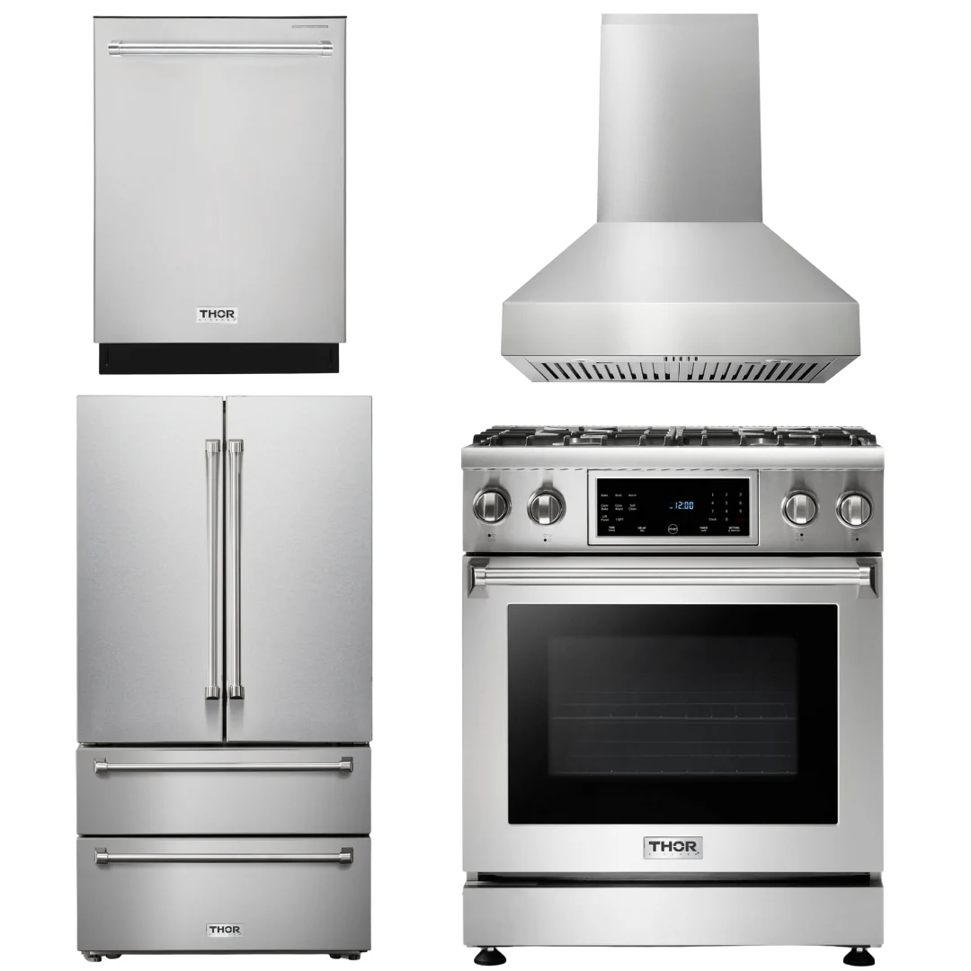Thor Kitchen Package - 30 In. Propane Gas Range, Range Hood, Refrigerator, Dishwasher, AP-TRG3001LP-W-2 - Inhomebuy