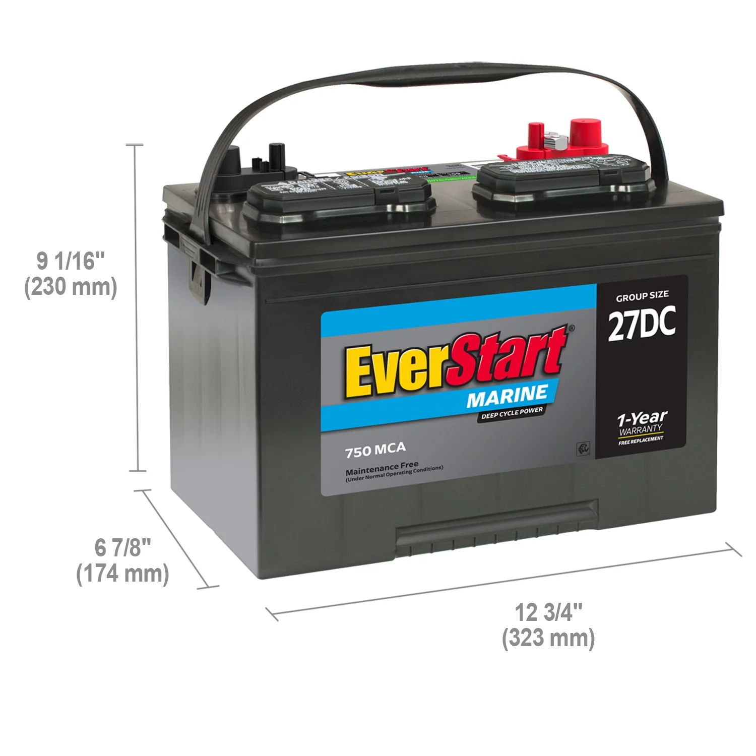 EverStart Lead Acid Marine & RV Deep Cycle Battery, Group Size 27DC 12 Volt, 750 MCA - Inhomebuy