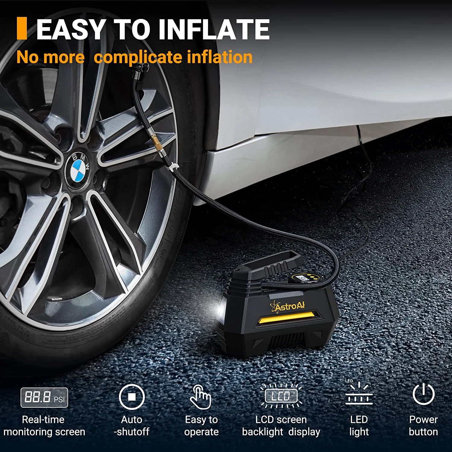 Car Tire Inflator 100 PSI, Electric Tire Compressor, Inflatables Air Car Pump, Yellow - Inhomebuy