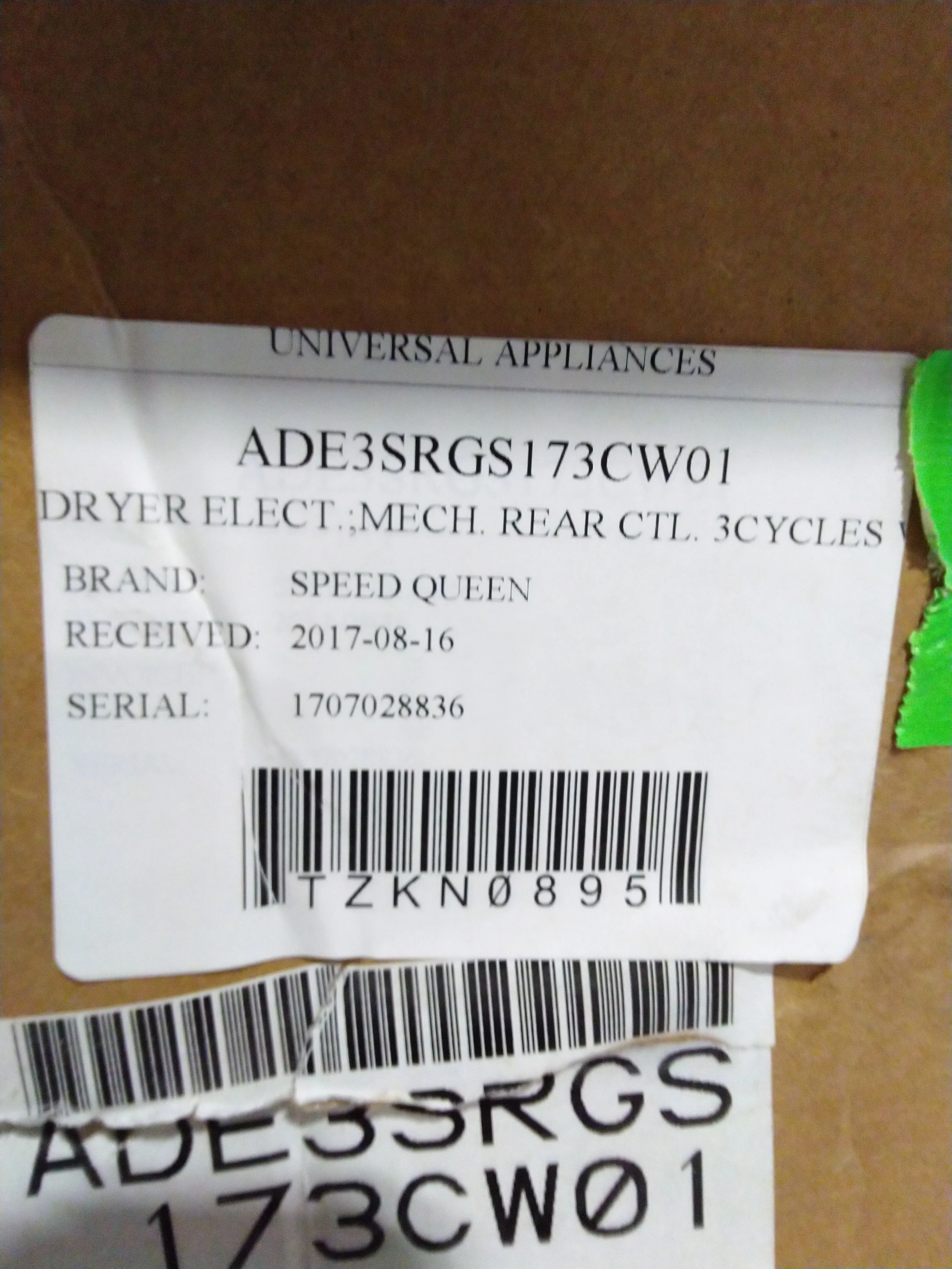 SPEED QUEEN DRYER - ADE3SRGS173CW01 - Inhomebuy