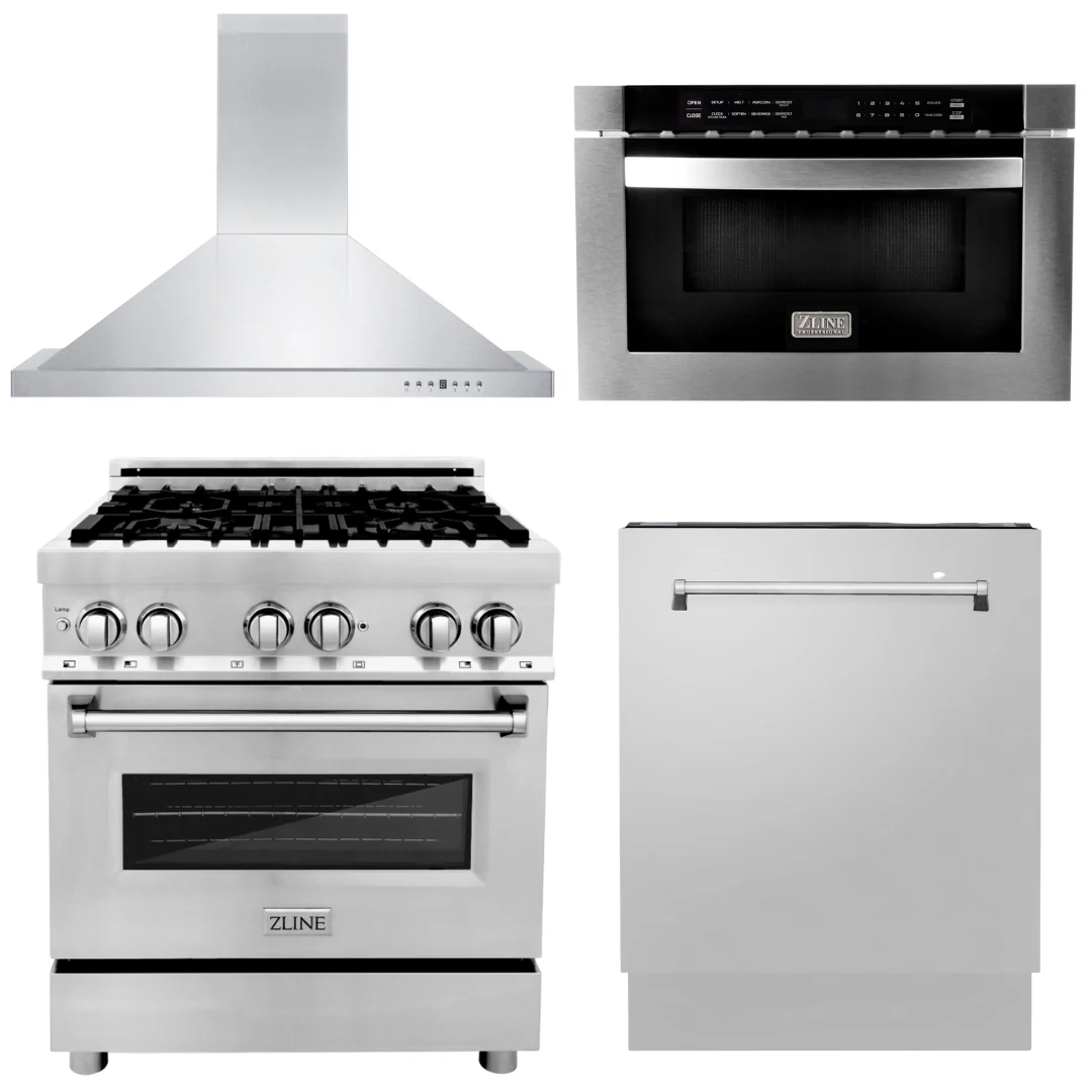 ZLINE Appliance Bundle - 30 in. Dual Fuel Range, 30 in. Range Hood, Microwave Drawer, 3 Rack Dishwasher Package, AB-RA30-7 - Inhomebuy
