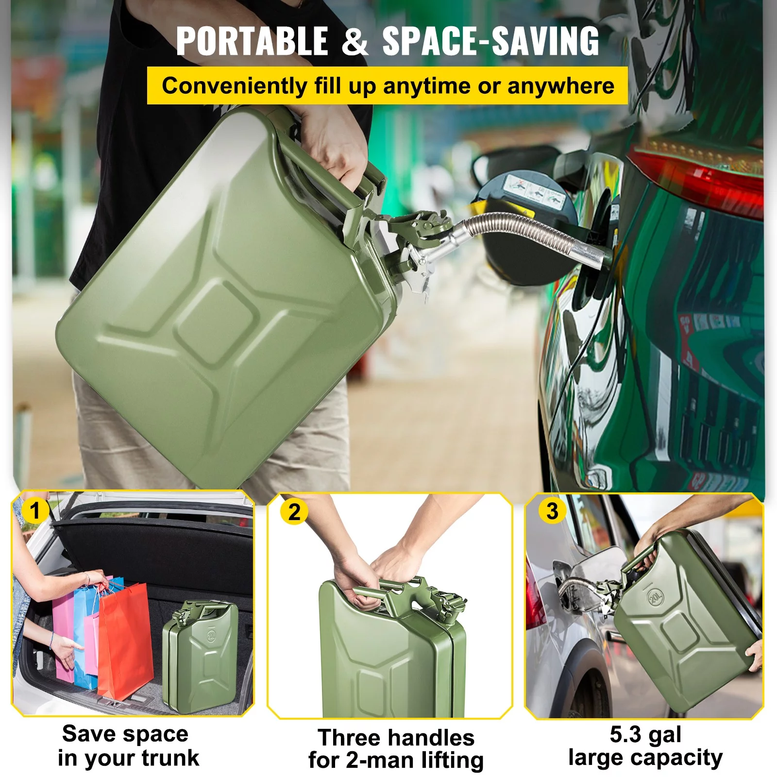 BENTISM Jerry Fuel Can, 5.3 Gallon / 20 L Portable Jerry Gas Can with Flexible Spout System, Rustproof & Heat-resistant Steel Fuel Tank for Cars Trucks Equipment, 2pcs Green - Inhomebuy