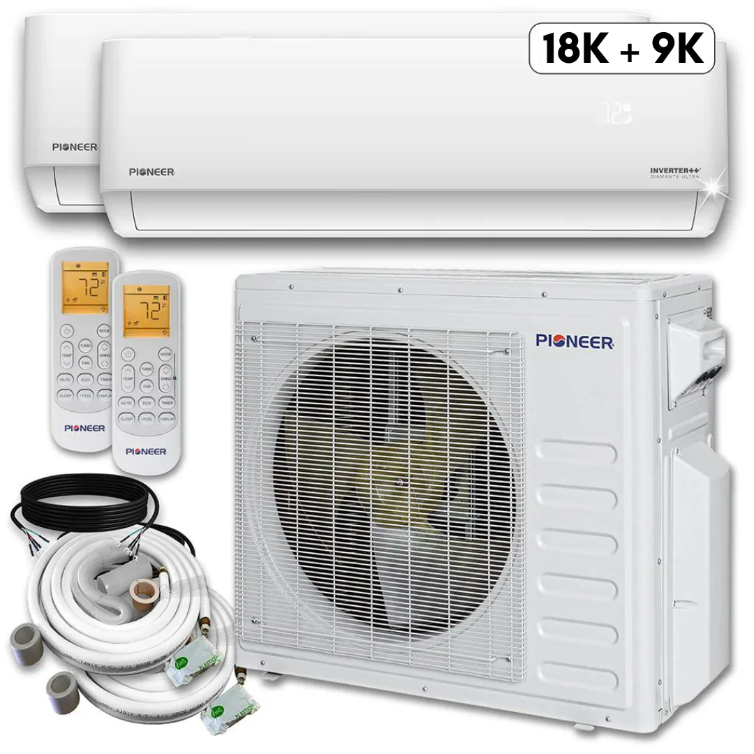 Pioneer® Mini Split 27,000 BTU 2 Zone Ductless Air Conditioner and Heat Pump with 33 ft. Kits, WYT030GLHI22M3-18W-9W-33 - Inhomebuy