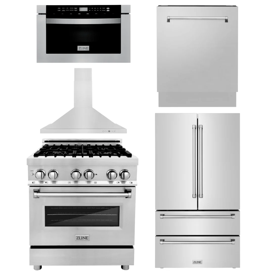 ZLINE Appliance Package - 30 in. Dual Fuel Range, Range Hood, Microwave Drawer, 3 Rack Dishwasher, Refrigerator, 5KPR-RARH30-MWDWV - Inhomebuy